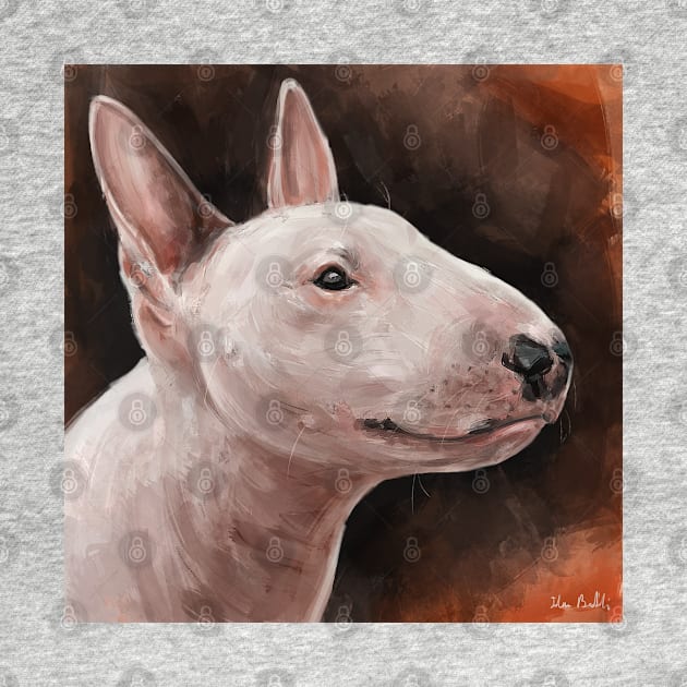 A Painting of a Bull Terrier Smiling on Hot Dark Orange Background by ibadishi